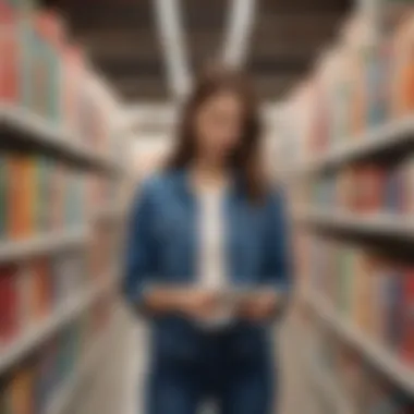 A shopper reviewing Joann's weekly coupon pamphlet in a bright store aisle.