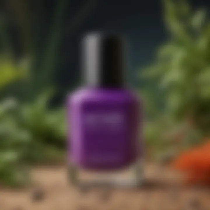 Close-up of a vibrant non-chemical nail polish bottle surrounded by natural elements.