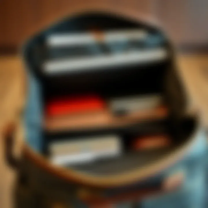 An organized interior of a stylish work bag, highlighting various compartments for items like a laptop and documents.