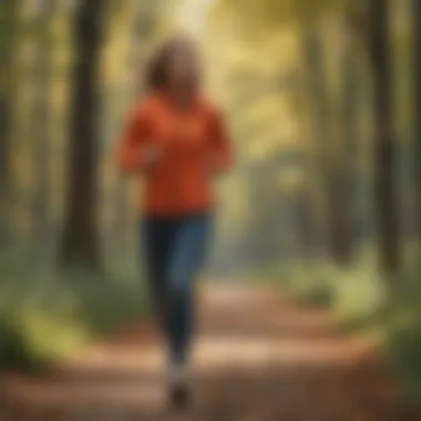 A serene outdoor environment where an individual is brisk walking, demonstrating an easy way to increase caloric expenditure.