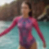 A stylish rash guard swim suit in vibrant colors designed for adventurous water sports