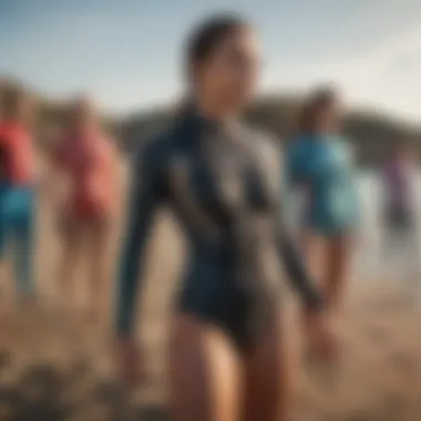 A selection of various styles of rash guard swim suits displayed on a beach setting