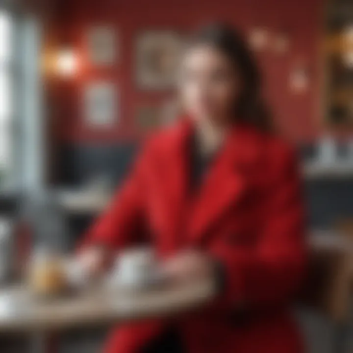 Red teddy coat styled with accessories in a cozy café setting