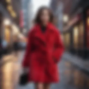 Elegant woman in a red teddy coat walking down a city street