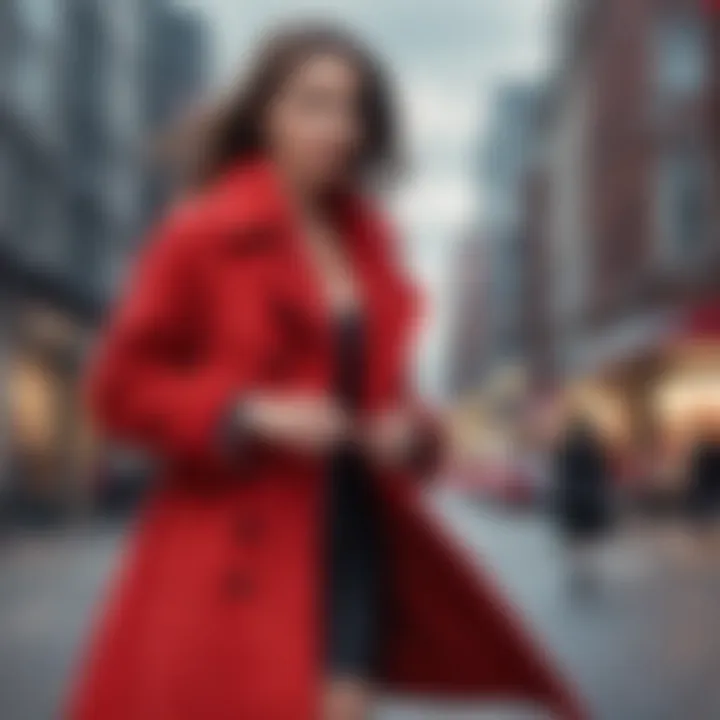 Fashion influencer twirling in a red teddy coat against a city backdrop