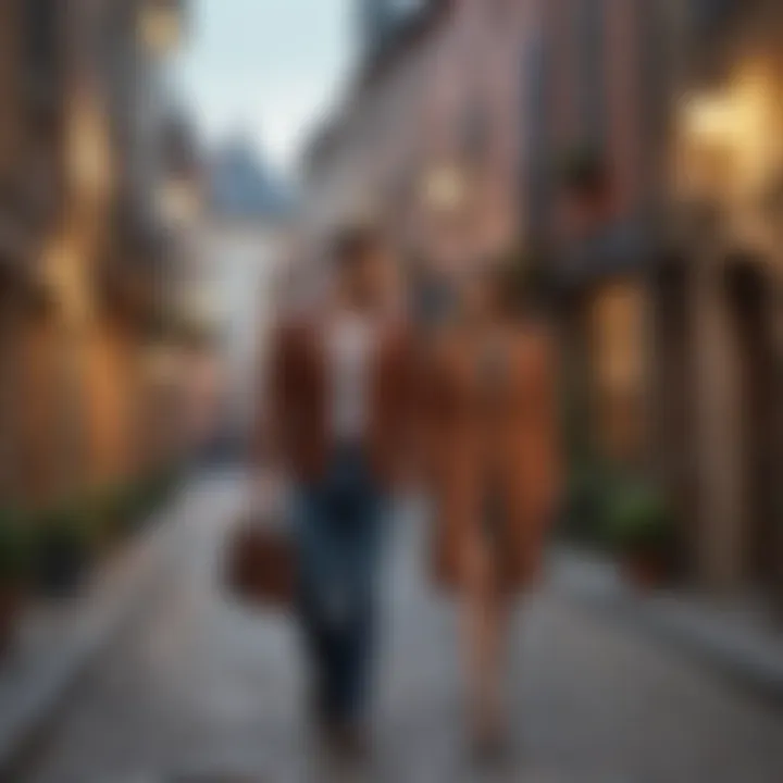 Couple strolling through a charming cobblestone street in a European city