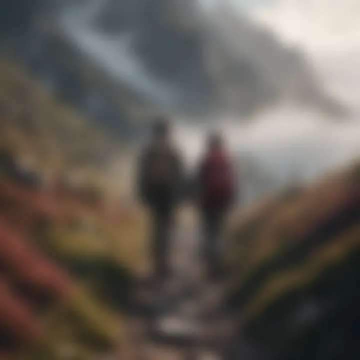 Couple hiking hand in hand on a misty mountain trail