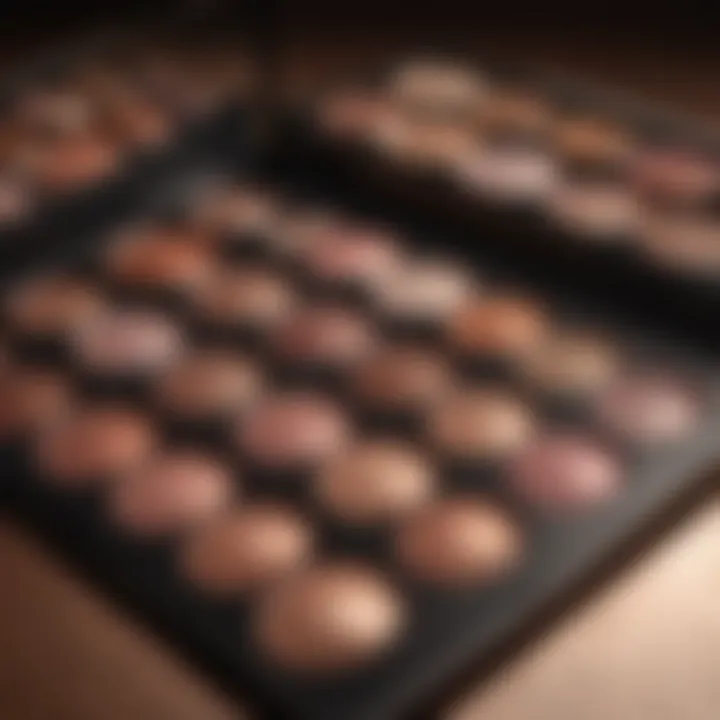 A close-up of a rose gold eyeshadow palette showcasing shimmering shades