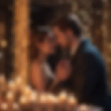An Evening of Romance Couple embracing with a backdrop of candles and fairy lights