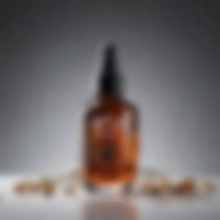 Close-up of serum bottle with natural ingredients