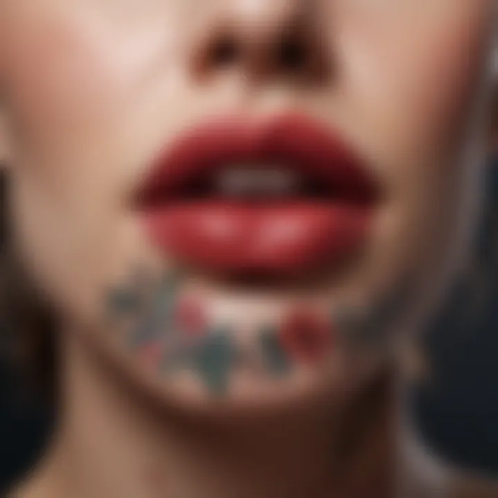 Close-up of vibrant lip tattoos showcasing intricate designs