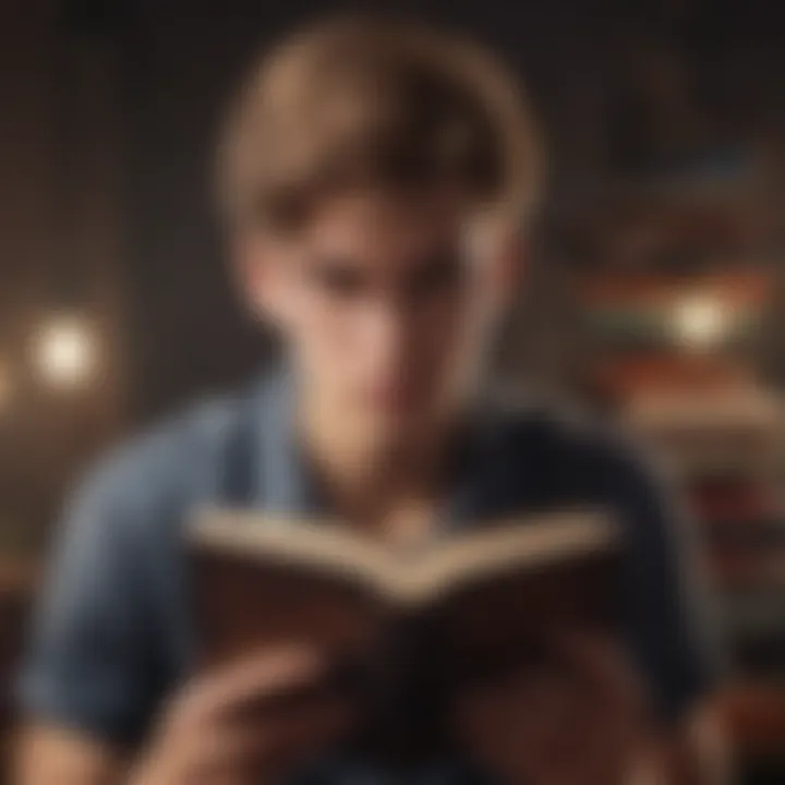 Teenage boy reading a novel by a popular author