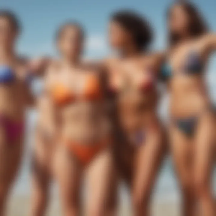 A diverse group enjoying a beach day in mid rise bathing suits