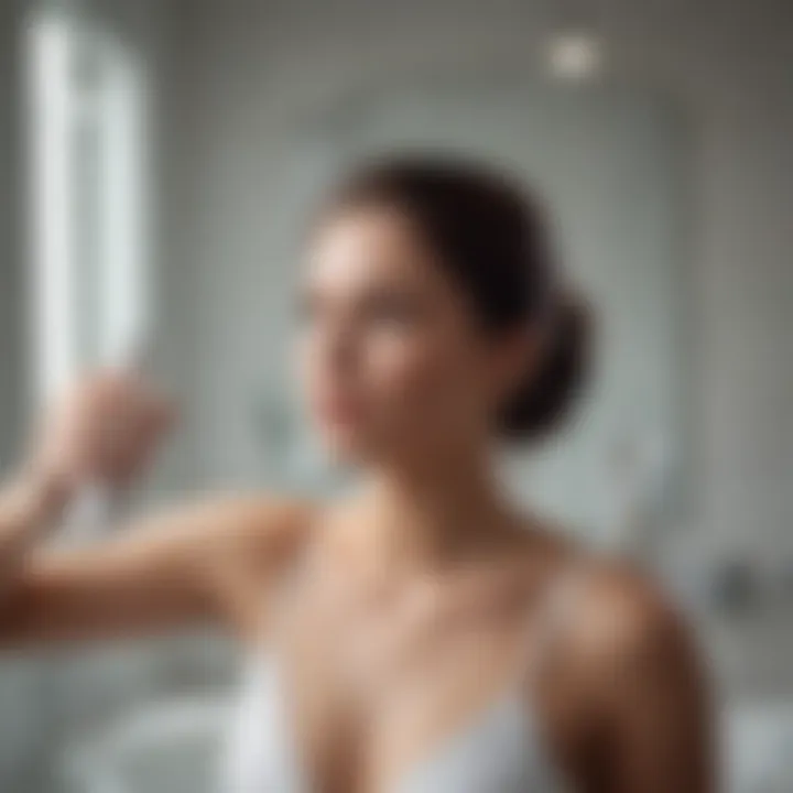 A person applying detangler spray onto their hair in a bright bathroom