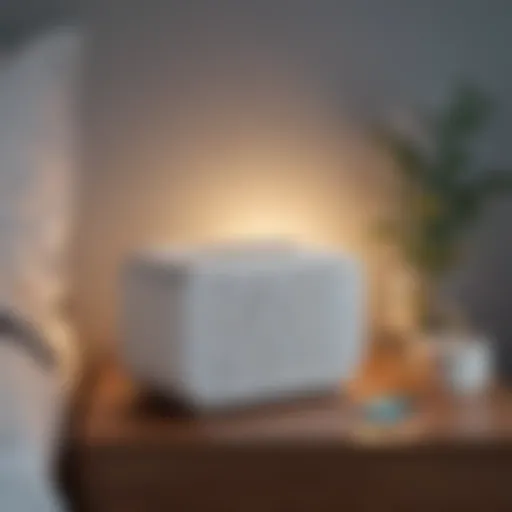 A sleek portable white noise machine on a bedside table