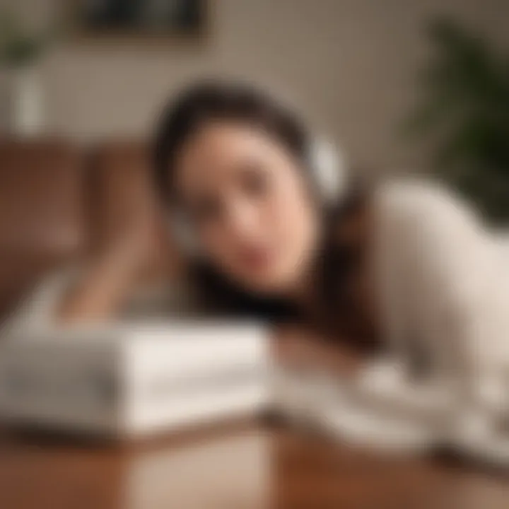 A person relaxing with headphones while using a white noise machine