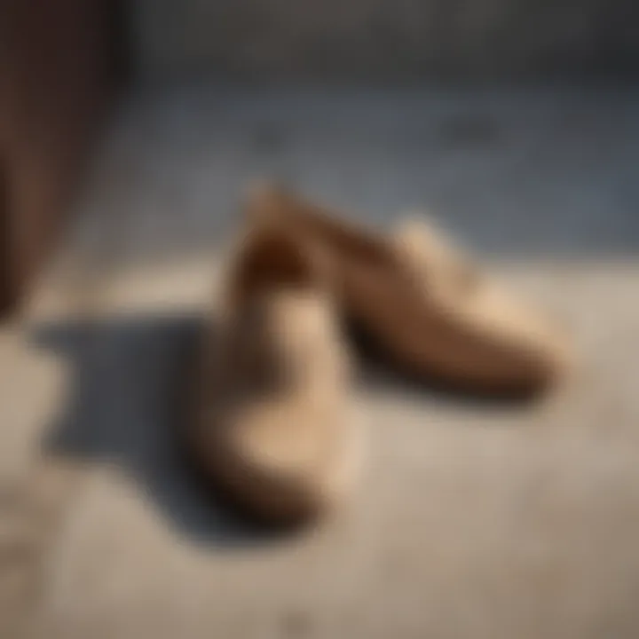 Fashionable outfit paired with beige suede loafers.