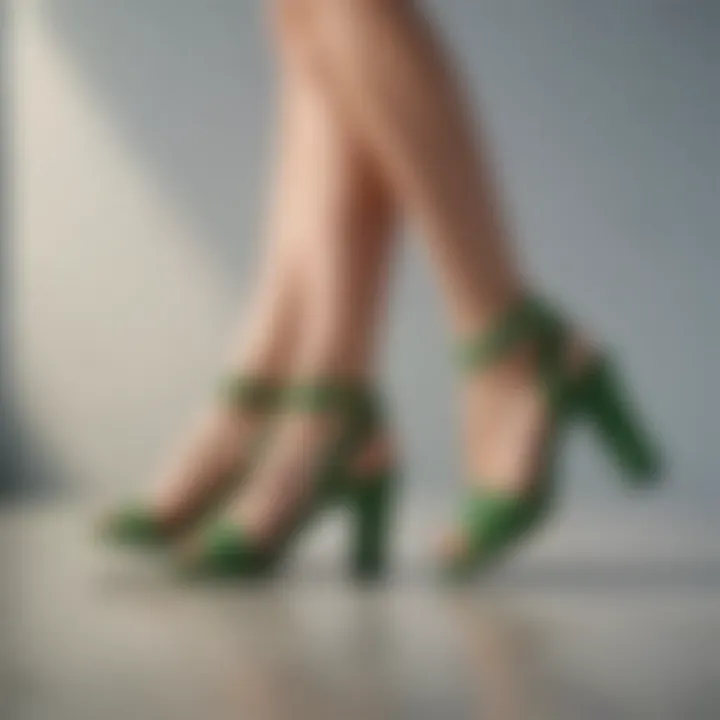 Close-up shot of a woman wearing green suede sandals.