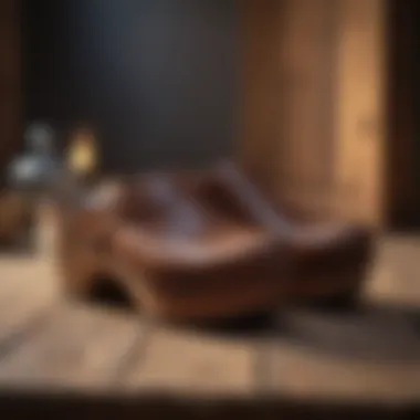 Elegant Wooden Clogs Elegant wooden clogs displayed on a rustic wooden surface