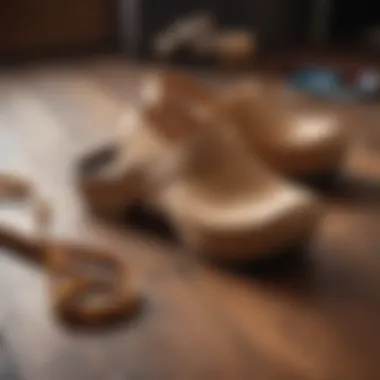 Emphasizing Proper Fitting A pair of wooden clogs next to a measuring tape emphasizing proper fitting