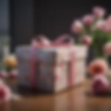 Wrapped Gift Box A beautifully wrapped gift box adorned with a ribbon, sitting on a table surrounded by flowers.