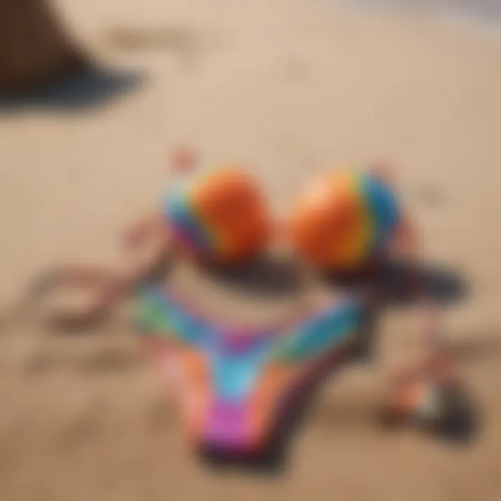 Vibrant swimwear collection displayed on a sandy beach