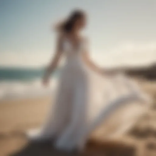 Elegant beach wedding dress flowing in the breeze