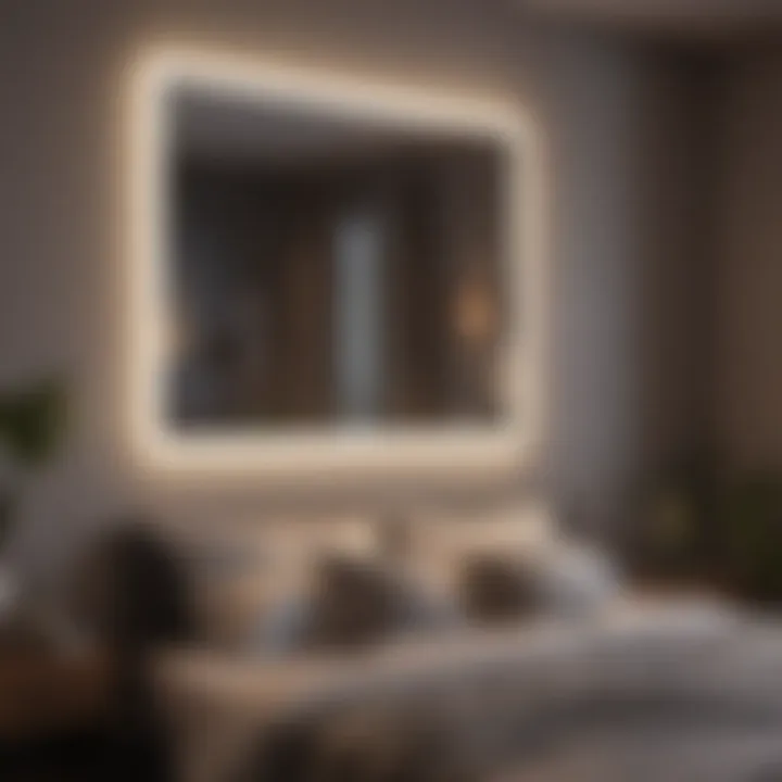 Elegant LED light mirror illuminating stylish bedroom setting