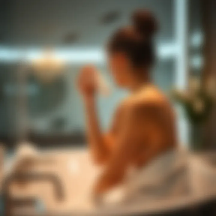 Application of ash shampoo toner in a luxurious bathroom setting