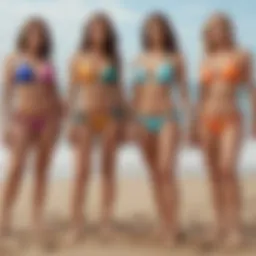 A diverse group showcasing different bikini styles at a beach