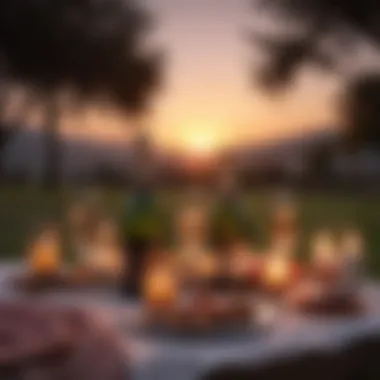 Romantic sunset picnic setting with candles and champagne